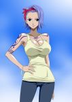  1girl alluring bare_shoulders black_eyes blue_background blue_hair bracelet breasts cleavage conomi_islands denim east_blue hairband hand_on_hip hand_on_hips highres jeans jewelry large_breasts legs looking_at_viewer nel-zel_formula nojiko one_piece pants purple_hair short_hair simple_background smile solo standing tattoo thighs 