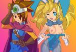  1boy 1girl androgynous animal_ears bare_shoulders belt bingo_tarte bingo_torte blonde_hair blue_eyes breasts brown_eyes bunny_ears bunnysuit cape censored chunsoft circlet cuffs dragon_quest dragon_quest_iii earrings enix eyeshadow fake_animal_ears fellatio flashing gif gloves hair_over_one_eye hand_on_hip happy hips jester_(dq3) jewelry large_breasts leggings long_hair makeup nipples one_eye_closed open_mouth oral pantyhose penis roto saliva smile teeth thigh_gap tongue twin_tails wink 