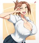 1girl breasts brown_hair cleavage green_eyes high_res highres huge_breasts looking_at_viewer nakatomo open_mouth original original_character smell solo sweat_stain v