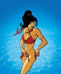  bikini black_hair breasts cleavage lipstick ocean ponytail red_lipstick side-tie_bikini smile solo water 
