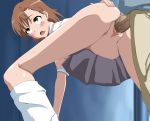  1girl ahegao all_fours areolae big_breasts blue_eyes blush breasts brown_eyes brown_hair circle_anco clitoris clothed_sex cum cum_inside ejaculation footwear highres misaka_mikoto nipples no_bra no_panties open_mouth penis pleated_skirt pussy rolling_eyes saliva school_uniform sex shirt_lift short_hair skirt smile socks sweat tears to_aru_majutsu_no_index uncensored vaginal 