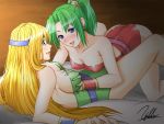  2girls :d all_fours arm_support bangs bare_shoulders bed belt between_legs blonde_hair blue_eyes blush bracer breast_grab breasts celes_chere cleavage deep_skin earrings erect_nipples final_fantasy final_fantasy_vi from_side girl_on_top grabbing green_hair happy headband high_ponytail imminent_sex indoors jewelry large_breasts leotard long_hair lying multiple_girls naughty_face no_legwear nose_blush on_back on_bed open_mouth ponytail profile sideboob signature smile spread_legs strapless strapless_leotard taut_clothes terra_branford tina_branford very_long_hair yukihiro yuri 