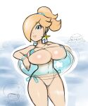  1girl big_breasts bikini blonde blonde_hair blue_bikini blue_swimsuit bracelet breasts cleavage clothing curvy earrings eyebrows_visible_through_hair eyelashes female_focus fully_clothed gray_impact grin hair hair_over_eye hair_over_one_eye hair_tie halterneck high_res huge_breasts human in_water innertube koopa lips looking_at_viewer mario_(series) navel nintendo one_eye_covered partially_submerged ponytail princess_rosalina sexually_suggestive shiny_skin shy shy_guy side-tie_bikini smile solo_focus super_mario_galaxy swimsuit thick_thighs toad_(mario) voluptuous wide_hips 