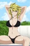 1girl absurd_res akame_ga_kill! alluring armpits arms_behind_head artist_name big_breasts bikini black_bikini blonde_hair breasts high_res krazykamikaze44 large_breasts leone looking_at_viewer navel pose short_hair spread_legs swimsuit thighs yellow_eyes