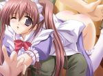 1boy 1girl ass bent_over blush bottomless brown_hair female game_cg maid male/female meimeimei! no_panties one_eye_closed purple_eyes red_ass red_butt sakanoue_mika source_request spanked spanking the_god_of_death thighhighs twin_tails wink