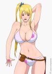  1girl 1girl alluring arm_behind_head armpits artist_name big_breasts bikini biting blonde_hair breasts cleavage fairy_tail high_res legs lip_biting lucy_heartfilia navel pose red_eyes red_lips side_ponytail swimsuit thighs 