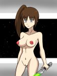 1girl areola areola_slip ass bangs belly belly_button big_breasts breasts brown_hair clitoris completely_naked completely_nude completely_nude_female disney disney+ female_focus female_only female_solo full_body grey_eyes holding holding_object holding_weapon lah_kara lightsaber looking_at_viewer nipples nude nude_female ponytail production_i.g pussy short_hair smile solo_female solo_focus space space_station spaceship star_wars star_wars_visions stars stockings stomach stray_123 the_ninth_jedi thick_thighs thighs vaginal weapon