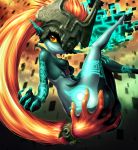  1girl ass ass_grab blue_skin breasts elf elf_ears fang hand_on_ass helmet highres imp imp_midna living_hair long_hair low-tied_long_hair midna neon_trim nintendo nude one_eye_covered orange_hair pointy_ears prehensile_hair red_eyes sitting skindentation smile solo the_legend_of_zelda the_legend_of_zelda:_twilight_princess twilight_princess very_long_hair yellow_sclera yuqoi 