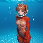  1girl ai_generated asuka_langley_souryuu bodysuit breasts bubble clothed diving_helmet female helmet latex latex_bodysuit medium_breasts navel neon_genesis_evangelion nipples no_bra non-web_source plugsuit pool see-through see-through_bodysuit solo underwater water 