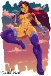 1girl alien alien_girl breasts dc_comics erection female female_alien female_only green_eyes hairless_pussy long_hair looking_at_viewer naked_stockings no_bra no_panties scaitblue starfire stockings tagme teen_titans 