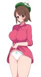  big_breasts blush breasts embarrassed panties seductive sexy solo_female thighs white_background 