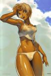   1girl gif blonde_hair blue_eyes dark_skin non-nude outside panties see_through short_hair solo sweat tank_top wet wet_clothes  