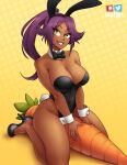 1girl big_breasts bleach breasts bunny_ears bunnysuit cleavage clothed clothed_female clothing dark-skinned_female dark_skin female_focus female_only golden_eyes high_heels long_hair looking_at_viewer mature mature_female nortuet purple_hair revealing_clothes shihouin_yoruichi shinigami_(bleach) simple_background sitting smile solo_female solo_focus spread_legs watermark yellow_background
