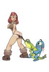  ass blush boots brown_eyes cavewomen cyclops embarrassing funny green_eyes long_hair looking_back looking_down monster red_eyes red_hair shiny shiny_skin tongue white_background 