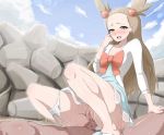  1girl arm_support blush bow brown_eyes brown_hair censored cowgirl_position girl_on_top long_hair mikan_(pokemon) open_mouth panties panties_around_leg penis pokemon pokemon_(game) pokemon_gsc pokemon_hgss pussy sex straddle sweat underwear vaginal yaomai 