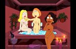  3girls american_dad breasts candles crossover dark-skinned_female dark_skin donna_tubbs earrings family_guy francine_smith frost969 hot_tub lois_griffin nude pussy the_cleveland_show yuri 