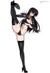  1girl alluring amano_yuuma big_breasts black_hair cleavage fighting_outfit high_heels high_kick high_school_dxd kick kicking outfit pin_up purple_eyes stockings yxyyxy 