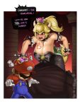  1boy 1girl big_breasts black_dress blonde bowsette breasts cleavage dress hard-degenerate high_resolution male male/female mario size_difference super_crown super_mario_bros. tail 