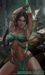  1girl alluring armpits arms_up bare_arms bare_shoulders big_breasts bikini black_hair bracelet breasts cleavage clenched_hands closed_mouth collarbone dark_skin earrings fantasy female_abs fighting_stance fingerless_gloves gloves green_eyes jade_(mortal_kombat) jewelry judash137 long_hair looking_at_viewer magic midway_games mortal_kombat ponytail skirt smile staff standing swimsuit thighs toned very_long_hair weapon 