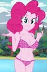  1girl blue_eyes bra equestria_girls female female_only friendship_is_magic long_hair mostly_nude my_little_pony outdoor outside panties pink_hair pinkie_pie pinkie_pie_(mlp) solo standing 