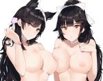  1girl 2_girls alternative_costume animal_ears asymmetrical_docking atago_(azur_lane) atago_(midsummer_march)_(azur_lane) azur_lane bangs big_breasts black_hair blunt_bangs blush bow breast-to-breast breast_press breasts brown_eyes choker clavicle closed_mouth extra_ears eyebrows_visible_through_hair hair_bow hair_ornament hair_ribbon hand_on_chest hand_on_own_chest hand_up head_tilt high_resolution j@ck leaning_forward long_hair looking_at_viewer mole mole_under_eye multiple_girls nipples nude paid_reward parted_lips patreon_reward ponytail ribbon sidelocks simple_background skindentation smile swept_bangs takao_(azur_lane) takao_(beach_rhapsody)_(azur_lane) tied_hair upper_body very_high_resolution very_long_hair white_background white_bow white_choker white_ribbon wristband 