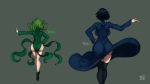  2_girls ass back backboob big_breasts black_hair clothed dat_ass female_only fubuki fubuki_(one-punch_man) green_hair hourglass_figure huge_ass impossible_clothes necklace no_panties one-punch_man small_breasts stockings tagme tatsumaki thegoldensmurf thick_thighs wide_hips 