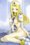 1girl apron blank_eyes blonde_hair blue_eyes boots bottomless breasts cleric female_only gloves hat legs long_hair long_legs michael mint_adenade priestess sitting solo_female tales tales_of_(series) tales_of_phantasia thighs topless_female