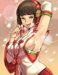 1girl arm_up armpit_sex armpits blush breasts brown_eyes brown_hair chinese_clothes cum cum_on_body cum_on_upper_body cum_string detached_sleeves facial female hairband heavy_breathing japanese_clothes large_breasts lips maou_alba nail_polish okuni petals sengoku_musou short_hair sideboob solo sweat