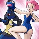 1girl :o arm arms art ass babe bandage bandages bandaid bare_arms bare_legs bare_shoulders blue_gloves blue_leotard breasts clenched_hand closed_mouth fighting_stance fingerless_gloves gloves gym_leader legs leotard lucario maylene nintendo one-piece_swimsuit open_mouth pink_eyes pink_hair pokemoa pokemon pokemon_(anime) pokemon_(game) pokemon_diamond_and_pearl pokemon_dppt pokemon_platinum red_eyes serious short_hair skin_tight small_breasts soara standing standing_on_one_leg sumomo_(pokemon) sweat sweating swimsuit 