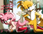  1boy 1girl amy_rose blue_eyes breasts cum green_eyes miles_&quot;tails&quot;_prower penis_in_pussy sega sex sonic_the_hedgehog_(series) 