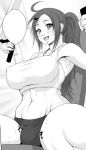  1girl ahoge armpits blush breasts bulge cameltail chinbotsu copyright_request exercise female futanari hair_ornament hairclip huge_breasts large_breasts long_hair monochrome muscle navel ponytail shirt solo sweat tank_top taut_clothes taut_shirt thick_thighs thighs 