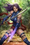  1girl bamboo breasts elbow_gloves energy female fighting_stance fingerless_gloves forest gloves glowing katana large_breasts leotard marvel muscle nature psylocke purple_hair sash serious solo stanley_lau sword thighhighs weapon x-men 