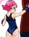  1girl :o armpits art artist_request ass babe bandage bandages bandaid bare_shoulders blue_gloves blue_leotard blush body_blush erect_nipples fingerless_gloves flat_chest from_behind gloves gym_leader leotard lowres maylene muscle neck nintendo one-piece one-piece_swimsuit open_mouth pink_eyes pink_hair pokemon pokemon_(anime) pokemon_(game) pokemon_diamond_and_pearl pokemon_dppt pokemon_trainer profile punching punching_bag short_hair simple_background standing sumomo_(pokemon) sweat sweating swimsuit training white_background 
