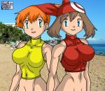  2008 2_girls 2girls alluring beach brown_hair female female_abs female_pokemon haruka_(pokemon) kageta kasumi_(pokemon) may may_(pokemon) misty misty_(pokemon) orange_hair pokemon shirts 