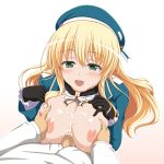  1boy 1girl :d atago_(kantai_collection) beret black_gloves blonde_hair blush breast_grab breasts breasts_outside cum cum_on_body cum_on_breasts cum_on_upper_body female gloves grabbing green_eyes hat heart heart-shaped_pupils huge_breasts kantai_collection long_hair nekoreceipt nipples open_clothes open_mouth open_shirt paizuri penis personification shirt smile solo_focus symbol-shaped_pupils uncensored 