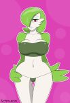 1_girl 1girl breasts female female_only female_pokemon gardevoir green_hair green_thong hair_over_one_eye looking_at_viewer mostly_nude pokemon red_eyes solo standing thong underwear 