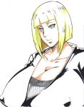  1girl big_breasts blond_hair blonde_hair blue_eyes breasts bust chest clothed erect_nipples eyelashes female gigantic_breasts hair huge_breasts large_breasts looking_at_viewer naruto naruto_shippuden naruto_shippuuden neck nipples samui short_hair simple_background solo sunahara_wataru throat white_background woman 