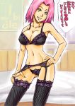  1girl alluring arms bed belly big_breasts black_leather bra breasts chest cleavage clenched_teeth elbow eyebrows eyelashes female fingernails fingers garter_belt girl green_eyes hair hand_on_waist hands kanji legs lingerie nail_polish naruto naruto_shippuden naughty_face navel neck nipples panties pink_hair sakura_haruno shoulders smile stockings stomach sunahara_wataru tease teasing teeth text thighhighs thighs throat translation_request underwear waist woman 