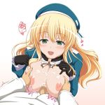  1boy 1girl :d atago_(kantai_collection) beret black_gloves blonde_hair blush breast_grab breasts breasts_outside cum cum_on_body cum_on_breasts cum_on_upper_body female gloves grabbing green_eyes hat heart heart-shaped_pupils huge_breasts kantai_collection long_hair nekoreceipt nipples open_clothes open_mouth open_shirt paizuri penis personification shirt smile solo_focus symbol-shaped_pupils translated uncensored 