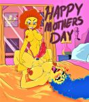  breasts erect_nipples huge_dildo marge_simpson maude_flanders nude spread_legs strap-on the_simpsons thick_thighs tongue_out yuri 