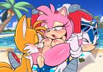  1girl 2022 2boys amy_rose anal_penetration beach blue_eyes blush breasts female_focus green_eyes half-closed_eyes licking_pussy male/female miles_&quot;tails&quot;_prower mostly_nude open_mouth outdoor_sex penis_in_ass pussy sega sonic_the_hedgehog sonic_the_hedgehog_(series) sunglasses sunglasses_on_head threesome tongue_out uhmsprs ultrahyper 