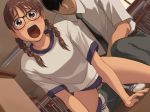  1girl all_fours blush braid brown_eyes brown_hair buruma classroom desk dutch_angle female fingering fingering_from_behind glasses gym_uniform hair_over_eyes nanase_ruo no_eyes open_mouth pigtails real_intention school_desk scream screaming short_twintails twin_braids twintails yizumi 