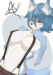  1girl 2020 absurd_res anthro black_nose blonde_hair blue_body blue_fur blue_hair blush breasts canid canine clothed clothing fingers fox fur furry hair half-length_portrait hand_on_breast high_res inner_ear_fluff iwnt2d1e kemono mammal multicolored_hair nanahoshi_suzu nipple_outline portrait short_hair suspenders translucent translucent_hair tuft white_body white_fur yellow_eyes 