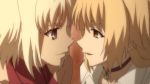  2girls anime blonde_hair brown_eyes canaan canaan_(character) female female_only friends incipient_kiss long_hair looking_at_another love maria_oosawa multiple_girls oosawa_maria short_hair smile white_hair yellow_eyes yuri 