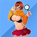  1girl bespectacled big_breasts bra brown_eyes brown_hair female female_human female_only flashing freckles glasses human magnifying_glass miniskirt partially_clothed scooby-doo short_brown_hair short_hair solo sweater_lift thong velma_dinkley 