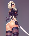 1girl android ass black_blindfold black_legwear blindfold boots bottomless breasts bubble_butt covered_eyes erect_nipples erect_nipples_under_clothes feather-trimmed_sleeves grey_background hairband high_heel_boots high_heels holding holding_sword holding_weapon katana kupocun leotard lips looking_at_viewer looking_back medium_breasts mole mole_under_mouth nier:_automata nier_(series) nipples parted_lips short_hair silver_hair simple_background skindentation stockings sword thick_thighs thigh_high_boots thighhighs_under_boots thighs thong thong_leotard virtuous_contract weapon white_hair yorha_no._2_type_b