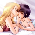  2_girls 2girls arm arm_grab arm_support arms art artist_request babe bare_shoulders bed black_hair blonde blonde_hair blue_eyes blush bra breast_press breasts camisole chin_grab clenched_hand closed_eyes collarbone female hair hand_holding incipient_kiss kirika_yumura kirika_yuumura kiss lingerie lips long_hair looking_at_another love lying midriff mireille_bouquet multiple_girls mutual_yuri neck nightgown noir on_stomach open_mouth parted_lips purple_hair red_bra short_hair strap_slip yumura_kirika yuri yuumura_kirika 