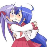  2girls blue_hair blush female hair kissing lucky_star multiple_girls purple_hair school_uniform yuri 