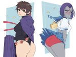 2_girls alternate_costume ass buruma clothes_swap cosplay costume_switch crossover dc_comics dcau gem grey_skin high_resolution impossible_clothes jewelry kasugano_sakura leotard looking_at_viewer looking_back panties raven_(cosplay) raven_(dc) red_panties revealing_clothes sakura_kasugano sakura_kasugano_(cosplay) school_uniform skirt skirt_lift standing street_fighter teen_titans triplexmile underwear wind wind_lift