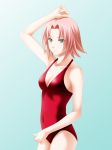  1girl arm_up big_breasts blue_background breasts casual_one-piece_swimsuit collarbone covered_navel cowboy_shot green_eyes highres long_hair naruto one-piece_swimsuit pink_hair red_swimsuit sakura_haruno short_hair shounen_jump solo swimsuit tamamon 
